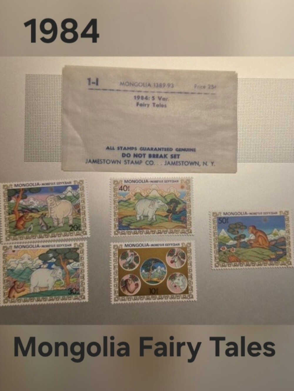 Stamp Set Mongolia 1389-93 1984: 5 Var. Fairy  Tales Jamestown Elephants Rabbits